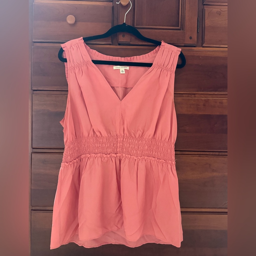 Banana Republic 100% Silk Smocked Waist Peplum Blouse Top Coral Pink, Size XL